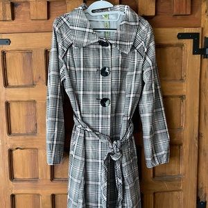 Soia & Kyo Plaid Belted Trench Coat Jacket Size XL Black Red Plaid